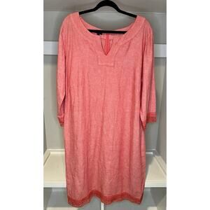 Talbots Women’s Linen Blend Tunic Dress 16W Pink 3/4 Sleeve Crochet Trim